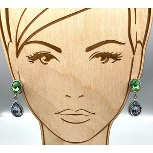 Vintage Faceted Crystals Dangle Earrings, Oval Green Drops to Pale Blue Teardrop